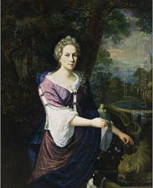 A Portrait Of A Lady, Standing 
Three-quarter Length Near A Fountain, Wearing A Purple Dress With White 
Undergarment And A Blue Shawl, Holding A Parrot On Her Right Hand And A 
Bunch Of Flowers In Her Left Hand, A Dog In The Foreground Oil Painting by Barend Van Kalraet