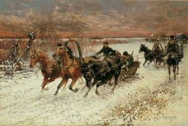 Russische Winterlandschaft Mit 
Kosakengespannen. Signiert Unten Rechts: Jan V. Chelminski. Ol Auf 
Leinwand (doubliert). H 51; B 76 Cm. Oil Painting by Jan van Chelminski