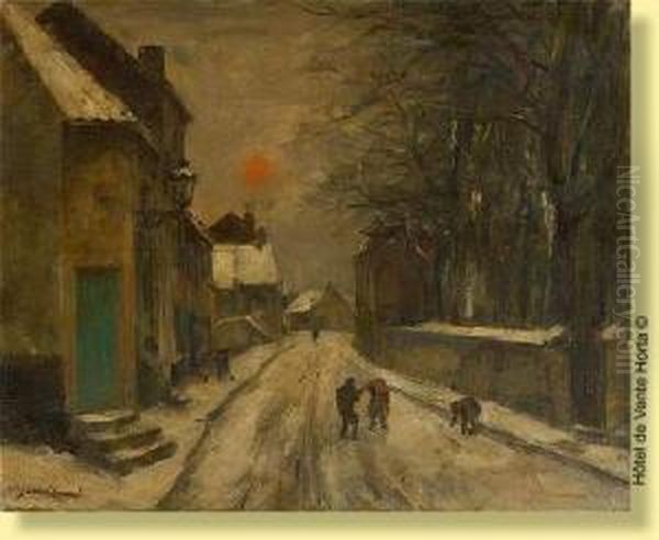 Enfants Jouant Dans La Neige Oil Painting by Jean Van Cleemput
