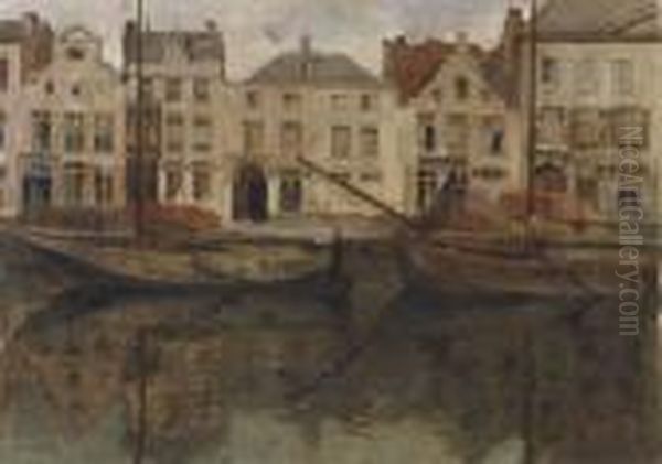 Sailing Vessels From Yrseke In A Harbour Oil Painting by Jean Van Cleemput