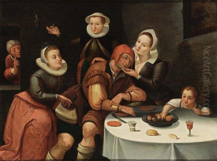 A Peasant Sitting At A Table 
Being Courted And Robbed By Three Young Ladies, An Old Spinster In The 
Background And A Boy Picking Fruit From The Table Oil Painting by Marten Van Cleve