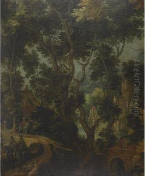 A Wooded River Landscape With 
Elegant Gentlemen On Horseback, A Dogand Country Men With Houses Beyond Oil Painting by Gillis van Coninxloo