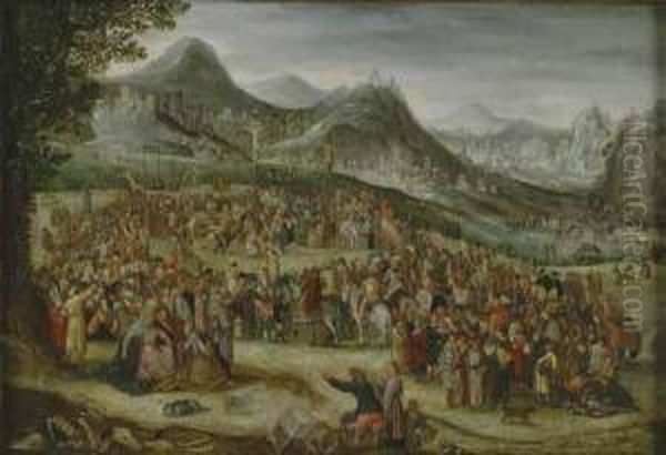 (1544 Antwerpen -amsterdam 1607)
 Umkreis. Christus Am Kreuz. Szene Auf Dem Hugel Vongolgatha, Wo Eine 
Grose Menschenmenge Um Die Richtstatte Versammeltist. Zwei Kreuze Sind 
Schon Aufgestellt, Das Dritte Mit Dem Linkenschacher Wird Gerade 
Aufgerich Oil Painting by Gillis van Coninxloo