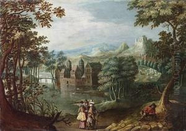A Wooded River Landscape With 
Elegant Figures Conversing On A Track With A Traveller Resting Beneath A
 Tree, A Manor House Beyond Oil Painting by Gillis van Coninxloo