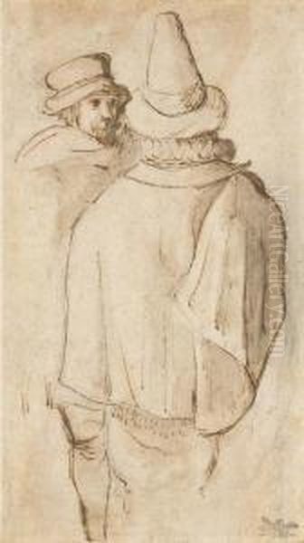 A Figure, Seen 
Three-quarter-length From Behind, In A Tall Hat Andcloak, Another Man 
Beyond Oil Painting by Gillis van Coninxloo