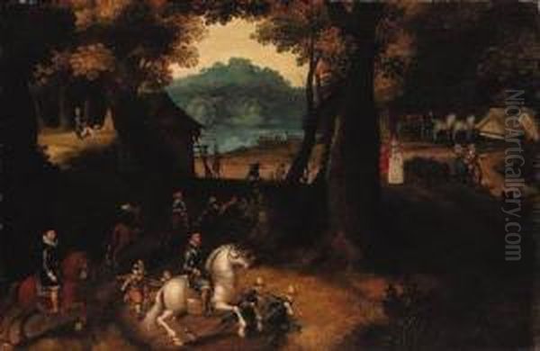 A Wooded Landscape With Maurits,
 Prince Of Orange, On A Grey, Andother Huntsmen And Elegant Company On A
 Path Oil Painting by Gillis van Coninxloo