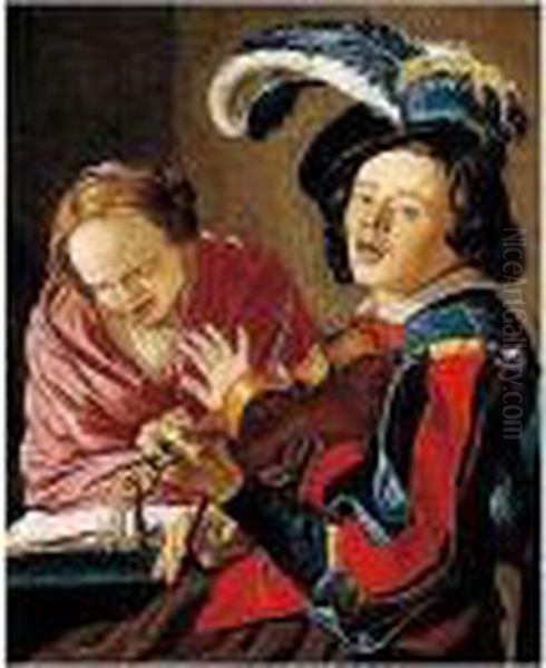 An Allegory Of The Sense Of 
Hearing: An Interior With A Boy Playing The Violin And A Lady Singing Oil Painting by Christian Gillisz. Van Couwenbergh