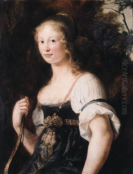 A Portrait Of A Young Woman As 
Diana, Standing Half Length In Alandscape, Wearing A Green Dress And 
Chemise, A Wrap Around Herwaist - A Fragment Oil Painting by Christian Gillisz. Van Couwenbergh