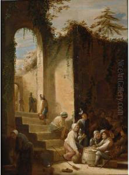 A Merry Company Around A 
Fireplace Near A City Gate, With A Soldier Cutting Tabacco And A Woman 
Tapping Wine To The Foreground Oil Painting by Joos van Craesbeeck