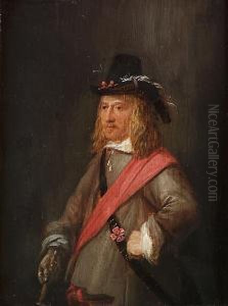 Portrait Of An Officer, 
Small-half-length, In A Grey Coat With A Red Sash And Holding A Baton Oil Painting by Joos van Craesbeeck