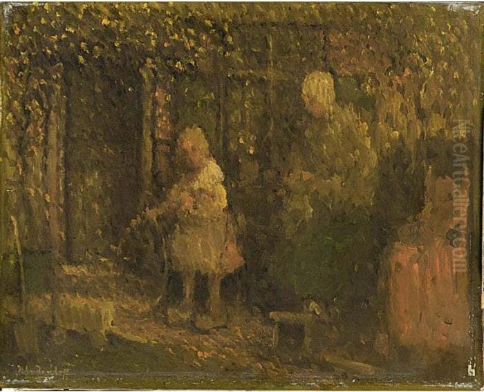 A Mother With Her Daugther 
Playing In The Garden; Together With Another Work By The Artist Oil Painting by Henri Van Daalhoff