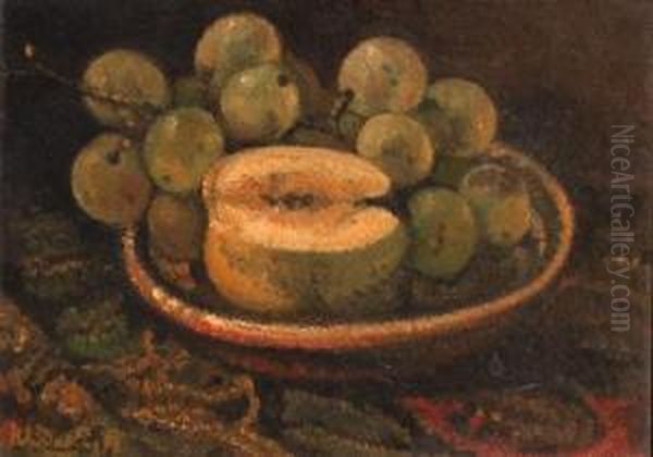 A Still Life With Grapes And An Apple Oil Painting by Henri Van Daalhoff