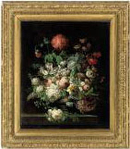 Peonies, Tulips, Morning Glory, A
 Passion Flower And Other Flowers,in A Vase, On A Stone Ledge Oil Painting by Jan Frans Van Dael