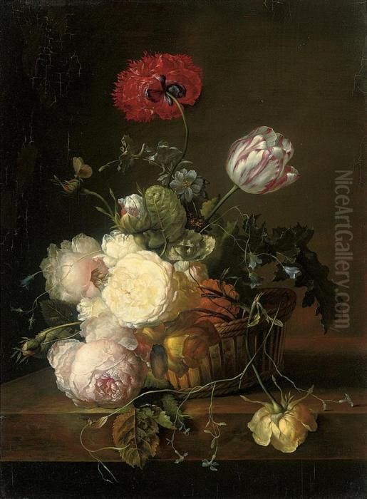 Tulips, Roses, Peonies, Jasmin, 
Convulvulus, Poppies And Other Summer Blooms In A Basket On A Ledge Oil Painting by Jan Frans Van Dael