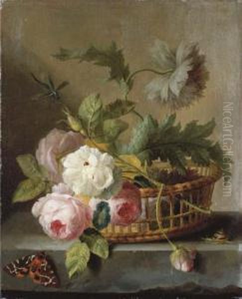 Roses And Morning Glory In A 
Basket On A Stone Ledge, With Aladybird, A Snail, A Red Admiral 
Butterfly And A Dragon Fly Oil Painting by Jan Frans Van Dael