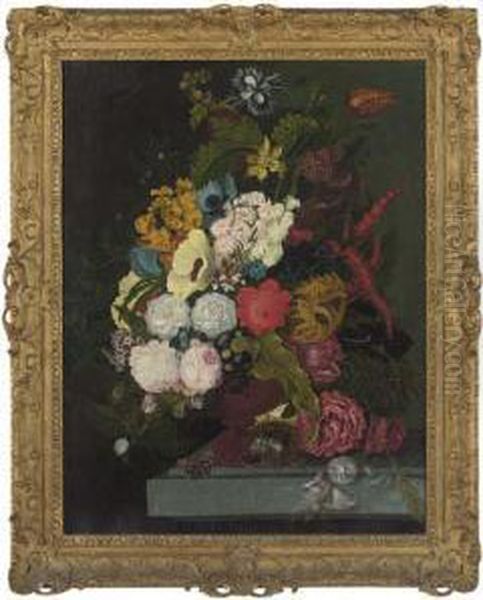 Roses, Poppies, Peonies, Parrot 
Tulips, A Sunflower And Otherflowers In An Urn On A Stone Ledge, With A 
Butterfly And A Nestwith Eggs Oil Painting by Jan Frans Van Dael