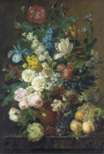 Roses, Dahlias, Tulips, Sweet 
William, Iris, And Other Flowers In Aterracotta Vase On A Ledge With 
Peaches, Grapes And Plums Oil Painting by Jan Frans Van Dael