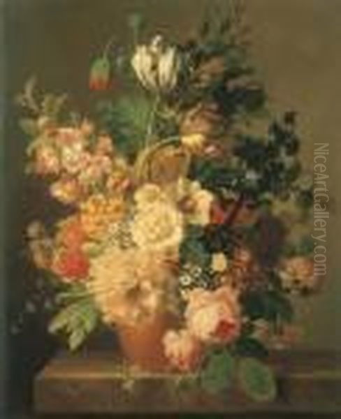 Roses, Tulipes, Liseron, Dahlias
 Et Autres Fleurs Dans Un Pot Enterre Sur Un Entablement En Marbre Oil Painting by Jan Frans Van Dael