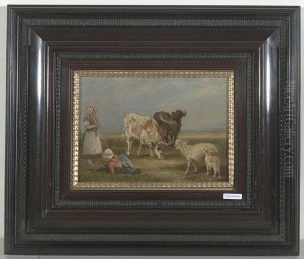 Zwei Hirtinnen Mit Ihrer Herde. Oil Painting by Emile Van Damme-Sylva