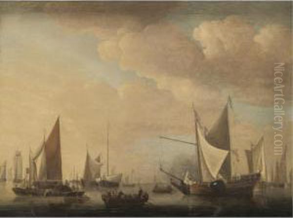 Dutch Shipping Moored In Calm Waters Oil Painting by Jan Van De Capelle