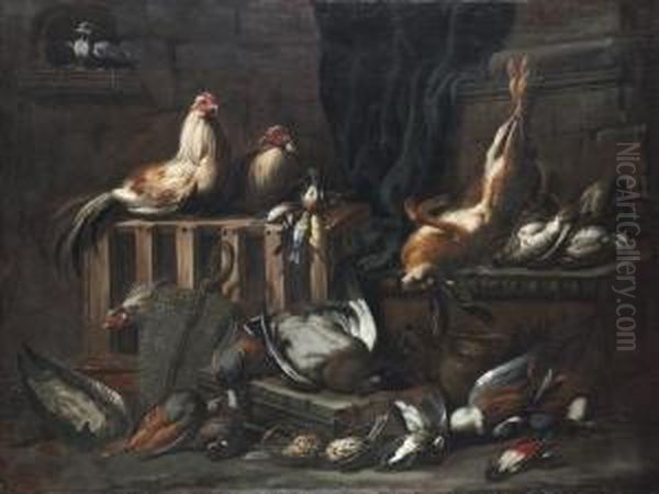 A Dove, Cockerels, Hare, Duck, 
Woodpecker And Other Game Birds By A Partly-draped Classical Building Oil Painting by Jacob van der (Giacomo da Castello) Kerckhoven