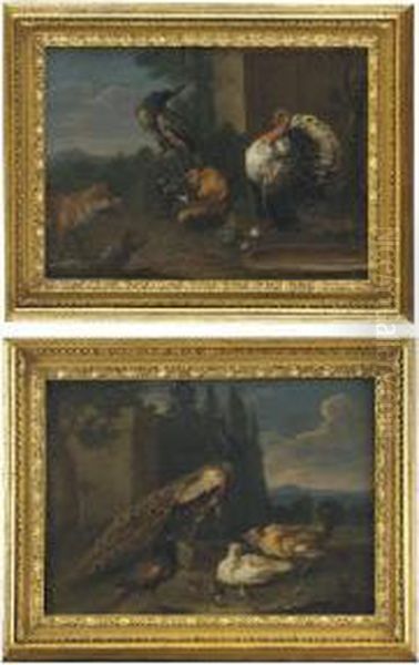 A Peacock, A Peahen, A Hen And A
 Cockerel With Chicks In An Italianate Landscape; And A Turkey, A 
Cockerel And A Peacock Near A Water Tray With A Fox In A Landscape Oil Painting by Jacob van der (Giacomo da Castello) Kerckhoven