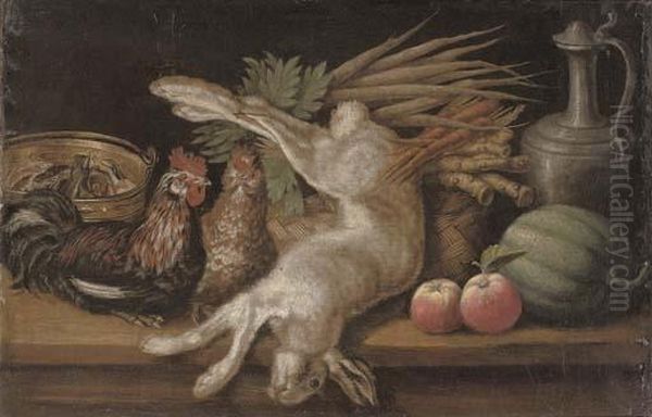 A Dead Hare, Two Hens, Apples, A
 Melon, Carrots And Turnips In A Woven Basket And A Bucket Of Fish On A 
Table Oil Painting by Jacob van der (Giacomo da Castello) Kerckhoven