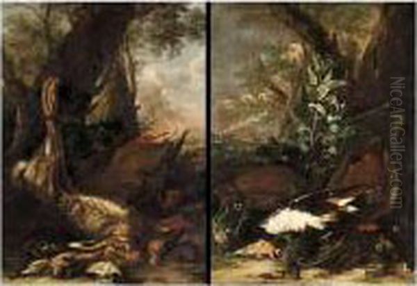A Still Life With A Duck, Nightingales And A Finch In A Landscape;
 A Still Life With A Hare, Ducks And Snipe In A Landscape Oil Painting by Jacob van der (Giacomo da Castello) Kerckhoven