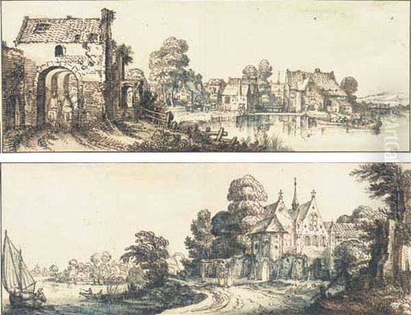 A Village On A Broad River With 
Two Horseman At A Gateway To Theleft; And An Abbey By A River With A 
Group Of Monks On Atrack Oil Painting by Jan Jansz. Van De Velde