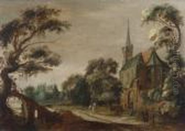 Landschaft Mit Gotischer Kirche
 Und Figurenstaffage. Oil Painting by Jan Jansz. Van De Velde