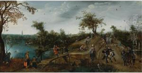 An Extensive Landscape With 
Princes Maurits And Frederik Hendrik Nassau In A Carriage And Other 
Elegant Travellers Passing A River, A Huntsman In The Left Foreground 
And The Tower Of The Grote Kerk Beyond Oil Painting by Adriaen Pietersz. Van De Venne