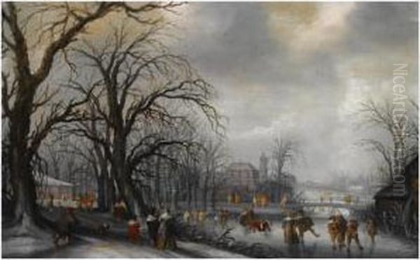 A Winter Landscape With Elegant 
Figures Conversing On A Path And Skating On The Ice, A Fortified Town 
Beyond Oil Painting by Adriaen Pietersz. Van De Venne