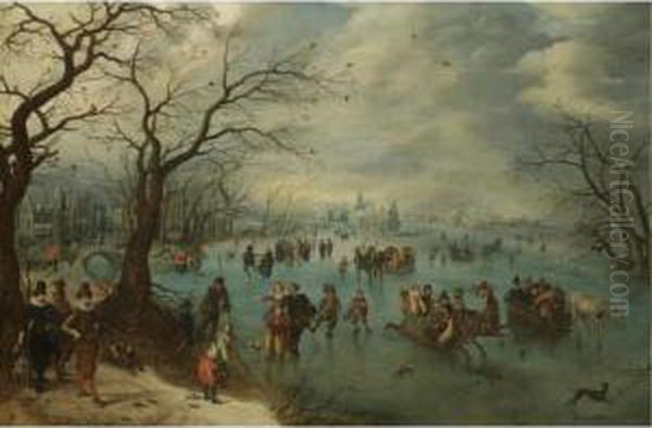 A Winter Landscape With Figures 
Skating On A Frozen River, Prince Maurits Of Orange-nassau With A 
Hunting Party In The Foreground Oil Painting by Adriaen Pietersz. Van De Venne