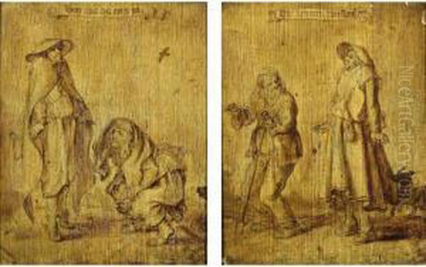 A Beggar Standing On His Toe, A 
Woman Squatting ( 'doet Ons Dat Eens Na' ); A Woman Standing On His Toes
 Together With A Man ( 'hoe Kenmen 't Versinne(n)' ) Oil Painting by Adriaen Pietersz. Van De Venne