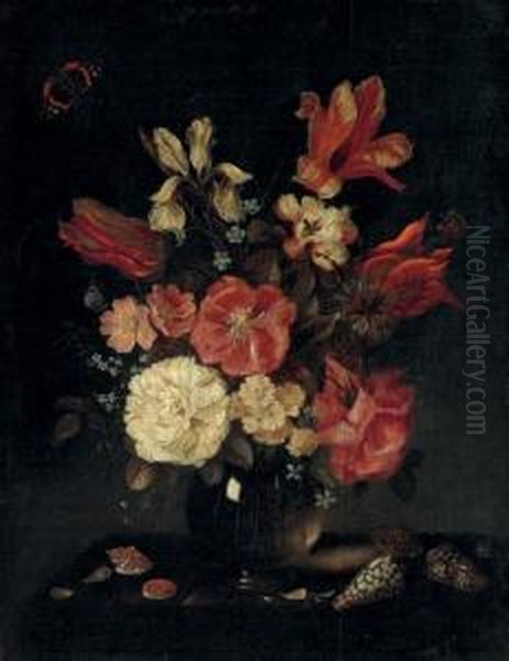 Roses, Tulips, An Iris, 
Forget-me-nots And Other Flowers In A Vase, With Shells On A Table And A
 Red Admiral Oil Painting by Jan van de Venne