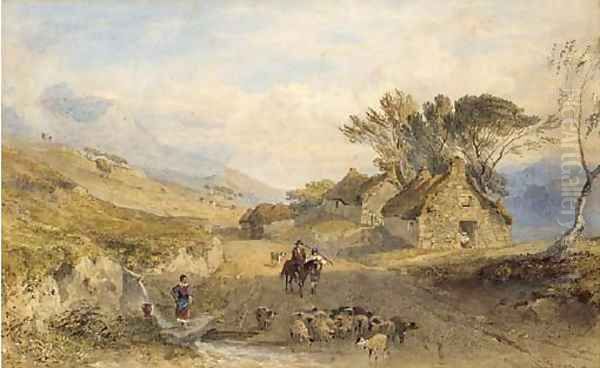 A shepherd and his flock fording a stream, with cottages beyond Oil Painting by George Arthur Fripp