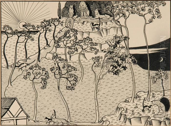 Landschap - Tronende Koning 
Nobel - Reinaert, Zittend Voor Maupertuus, Ontvangt Tibeert De Kater 
(1909) Oil Painting by Gustave Van De Woestijne