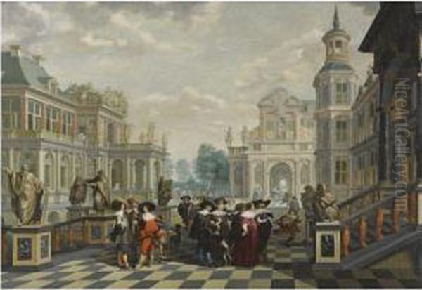 An Elaborate Palace Courtyard 
With Elegant Company Proceedingtowards A Great Staircase, With Four 
Sculpted Philosophers Onpedestals Behind Them Oil Painting by Dirck Van Delen