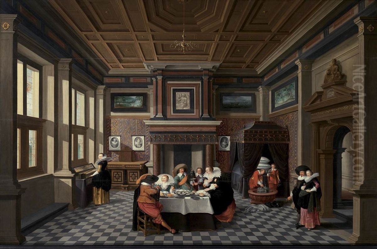An Interior With Ladies And Gentlemen Dining Oil Painting by Dirck Van Delen