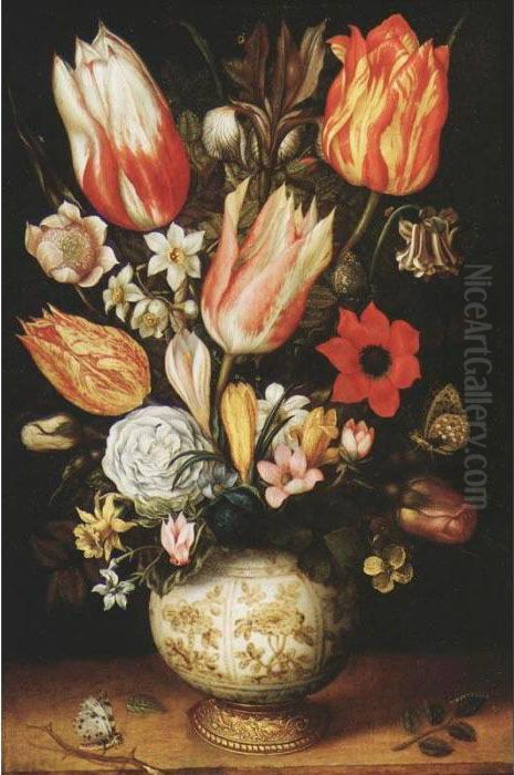 Tulips, Roses, Narcissi, 
Daffodils, Crocuses, An Iris, A Poppy And Other Flowers In A 
Gilt-mounted Porcelain Vase On A Ledge, With A Queen Of Spain 
Fritillary, A White Ermine And A Magpie Butterfly Oil Painting by Christoffel van den Berghe