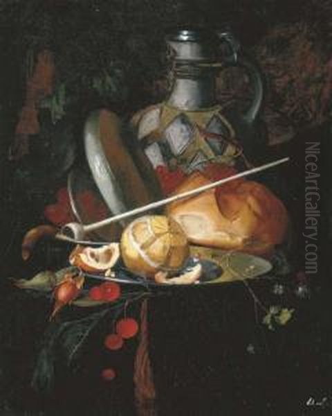 A Partly-peeled Orange On A 
Pewter Plate With Raspberries,cherries, Grapes, A Loaf Of Bread, A Pipe 
And A Water Jug On Atable Ledge Under Damask Drapery Oil Painting by Carl Wilhelm de Hamilton