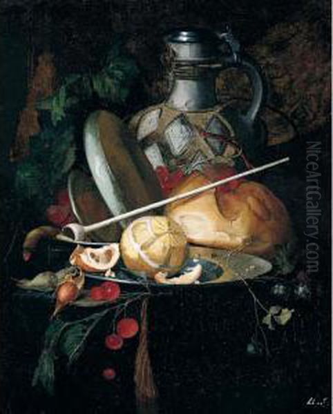 A Still Life Of A Peeled Lemon 
And Orange On A Pewter Plate, Cherries, Nuts, A Pipe, A Jug, Bread And 
Other Objects Resting On A Ledge Oil Painting by Carl Wilhelm de Hamilton