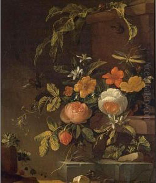 Flowers In A Landscape With A Lizard Oil Painting by Carl Wilhelm de Hamilton