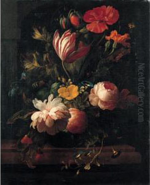 A Still Life Of Roses, Irises, 
Narcissi, Poppies And Various Other Flowers In A Vase On A Stone Ledge Oil Painting by Carl Wilhelm de Hamilton