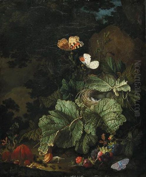A Forest Floor Still Life With A
 Bird's Nest, Toadstools, Snails,blackberries, Tortoiseshell, Aurora, 
And Common Bluebutterflies Oil Painting by Carl Wilhelm de Hamilton