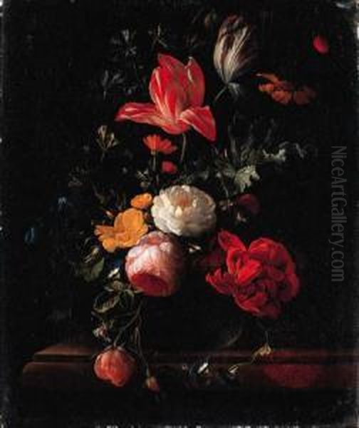 Pink And Red Roses, Parrot 
Tulips, Camellias, Marigolds And Otherflowers In A Vase On A Ledge Oil Painting by Carl Wilhelm de Hamilton