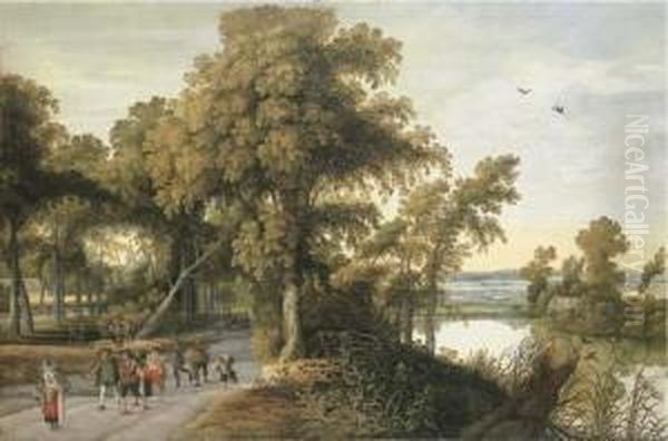 A Wooded River Landscape With 
Soldiers, Peasants And Huntsmen On A Path, A Church Through The Trees 
Beyond Oil Painting by Willem Van Den Bundel