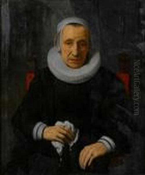 Portrait Of An Elderly Lady, 
Seated,three-quarter-length In Black Costume With A White Ruff And A 
Lacecap Oil Painting by Gerbrand Van Den Eeckhout