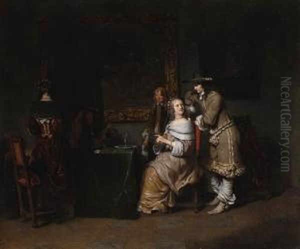 Elegant Company Playing Cards In
 An Interior, With A Half-draped Painting Of Venus And Cupid And A 
Portrait Of A Lady On The Wall Oil Painting by Gerbrand Van Den Eeckhout