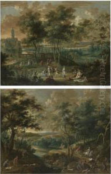 Elegant Figures Picnicking And 
Making Music In A Park Landscape, A Castle Beyond; A Wooded River 
Landscape With A Hunting Party, A Hound Attacking A Bull Oil Painting by Jasper van der Lanen